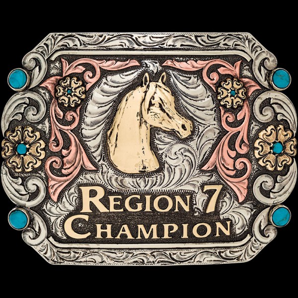 The Scottsdale Custom Belt Buckle features 4 simulated Turquoise Stones with Jewelers' Bronze letters, Flowers and copper scrollwork. Customize this buckle for your rodeo event today!